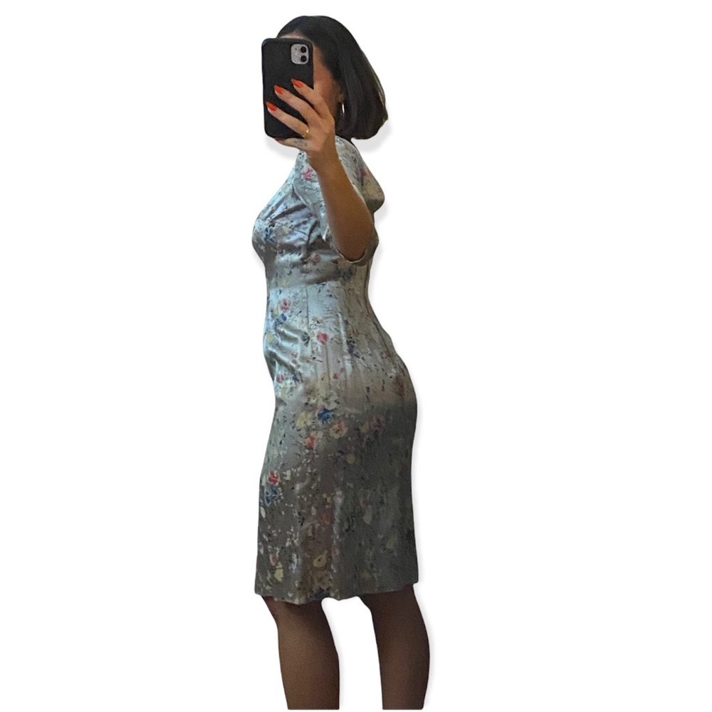 Vintage 1960s Silk Satin Dress Sheath Devoré Floral Medium - Picture 3 of 8